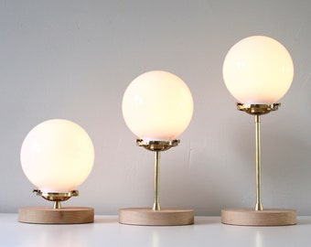 Brass Table Lamp, White Frosted Glass Bubble Globe Shade, Wooden