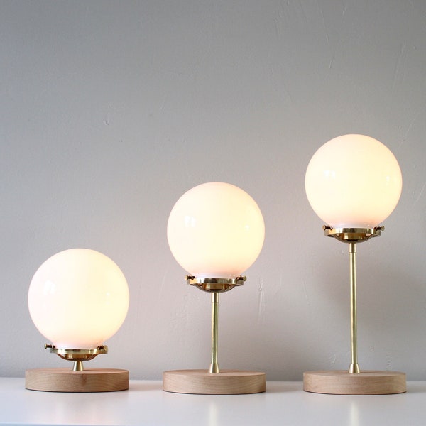 Brass Table Lamp, White Frosted Glass Bubble Globe Shade, Wooden Base, Mid Century Modern Design, Home Lighting and Decor, 15 Inches Tall