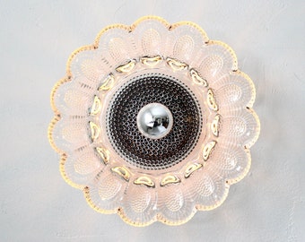 Platter Sconce Lamp, One Of A Kind Wall Mounted Lighting Fixture Featuring a Vintage Indiana Glass Hobnail Deviled Egg Plate Shade