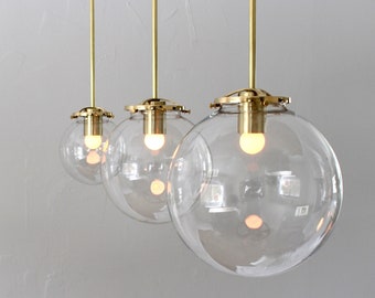 Large Bubble Pendant Light, 10" Clear Glass Globe Shade, Brass Finish, Single Mid Century Modern Hanging Pendant Lamp Lighting Fixture