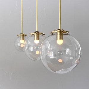 Large Bubble Pendant Light, 10 Clear Glass Globe Shade, Brass Finish, Single Mid Century Modern Hanging Pendant Lamp Lighting Fixture image 1