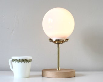 Brass Table Lamp, White Frosted Glass Bubble Globe Shade, Wooden Base, Mid Century Modern Design, Home Lighting and Decor, 12 Inches Tall