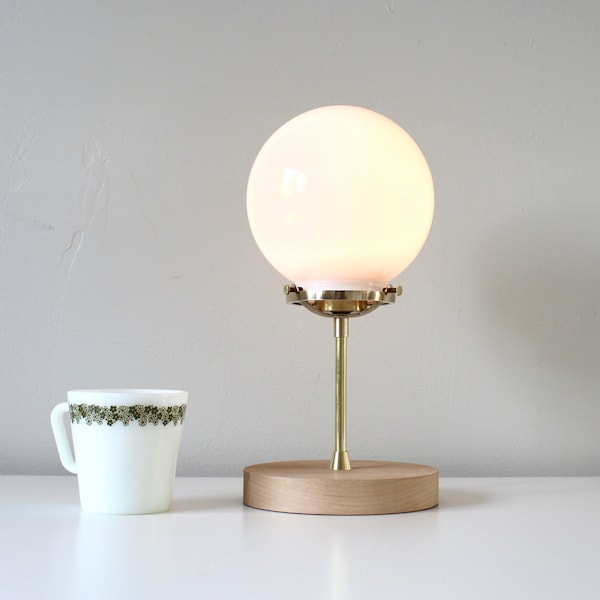 Brass Table Lamp, White Frosted Glass Bubble Globe Shade, Wooden Base, Mid Century Modern Design, Home Lighting and Decor, 12 Inches Tall