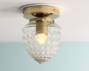 Flush Mount Ceiling Lighting Fixture, Brass Flush Mount Lamp, 6" Textured Acorn Glass Globe Shade, Mid Century Modern Home Lighting & Decor
