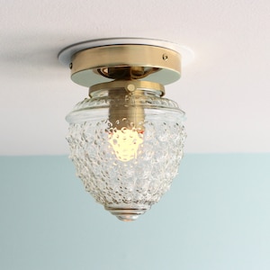 Flush Mount Ceiling Lighting Fixture, Brass Flush Mount Lamp, 6&quot; Textured Acorn Glass Globe Shade, Mid Century Modern Home Lighting & Decor