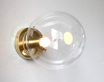 Flush Mount Brass Wall Sconce Lamp, Large Clear 8" Glass Bubble Globe Shade, Mid Century Modern Lighting Fixture, Wire In or Plug In