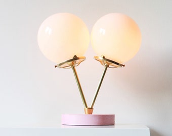 Pink Table Lamp, Brass Finish With Two White Glass Globes, Desk Lamp, Twin Globe Opal Glass Nursery Lighting, BootsNGus Lights & Home Decor