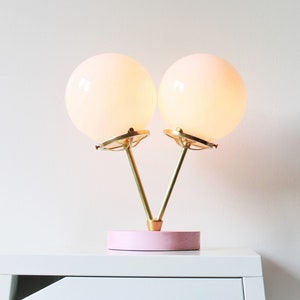 Pink Table Lamp, Brass Finish With Two White Glass Globes, Desk Lamp, Twin Globe Opal Glass Nursery Lighting, BootsNGus Lights & Home Decor