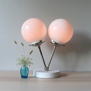 Siamese Twin Table Lamp, Industrial Desk Lamp, Polished Nickel, 2 Frosted White or Clear Glass Bubble Globes, Modern Lighting and Home Decor image 1