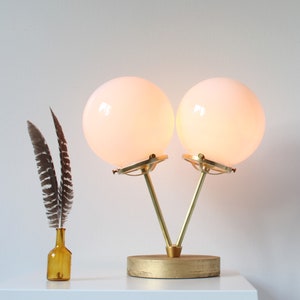 Gold Table Lamp, 2 White Globes, Wood Brass and Glass Desk Lamp, Raw Brass Twin White Glass Globes, BootsNGus Lighting and Home Decor image 1