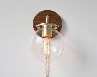Wall Sconce Lamp, Bubble Globe Sconce Light, Brass and Wood Industrial Modern Lighting Fixture, Clear Glass Shade, Wire-In Or Plug-In