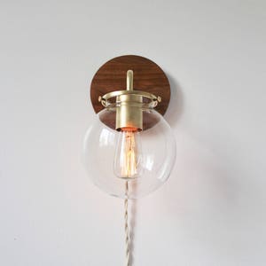 Wall Sconce Lamp, Bubble Globe Sconce Light, Brass and Wood Industrial Modern Lighting Fixture, Clear Glass Shade, Wire-In Or Plug-In image 1