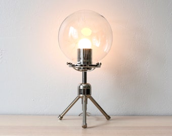 Tripod Bubble Table Lamp, Polished Nickel Desk Lamp, Glass Globe Shade, Industrial Lighting Fixture, Minimalist Bedroom Living Room Lights