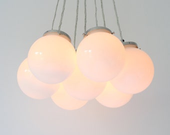 Bubble Cloud Chandelier, 7 Clustered White Frosted Opal Glass Globe Pendant Lights, Modern Ceiling Mount Lighting Fixture, Nickel or Brass