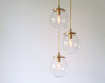 Bubble Spiral Chandelier, Globe Pendant Lamp, 3 Hanging Clear Glass Globe Pendant Lighting Fixture by BootsNGus As Seen In HGTV Magazine