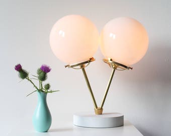 Table Lamp Modern Industrial Brass or Polished Nickel Desk Lighting Fixture 2 Twin White Glass Globes Free Shipping