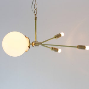 Comet Pendant Lamp, Hanging Brass Pendant Lighting Fixture, Mid Century Modern Sputnik Rocket Lamp, White Glass Globe, BootsNGus Lighting