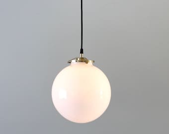 White Globe Pendant Light, Hanging Lamp With 8" Frosted Glass Bubble Shade, Black Cord Brass Metal, Stairwell Entryway Lighting Fixture