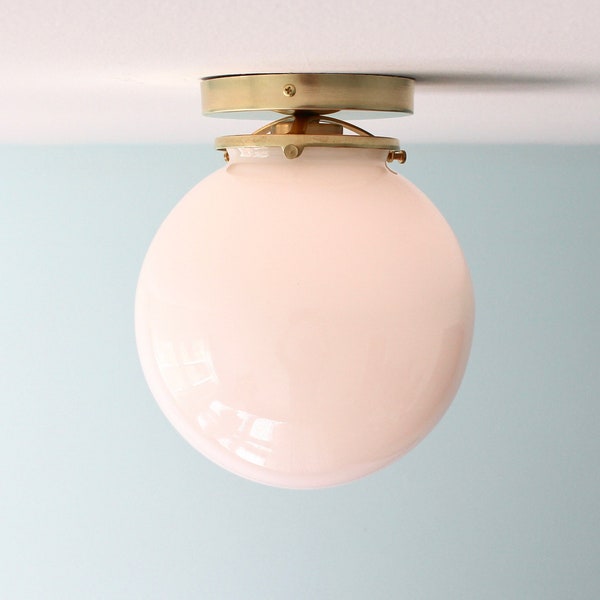 Bubble Flush Mount Ceiling Lighting Fixture, Brass Flush Mount Lamp, White 8" Glass Globe Shade, Mid Century Modern Home Lighting and Decor