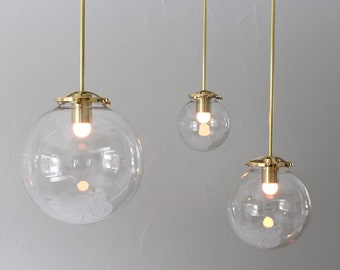 Brass Pendant Light, Mid Century Modern Hanging Lamp, Single 6" Clear Bubble Globe Glass Shade, Industrial Minimalist Lighting Fixture