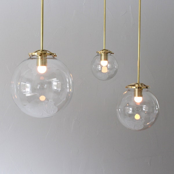 Brass Pendant Light, Mid Century Modern Hanging Lamp, Single 6" Clear Bubble Globe Glass Shade, Industrial Minimalist Lighting Fixture