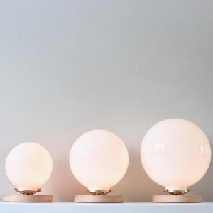 Bubble Lamp, Table Lamp with 8&quot; White Glass Globe Shade, Wooden Base, Brass Shade Holder, Mid Century Modern Desk Lamp Lighting Fixture
