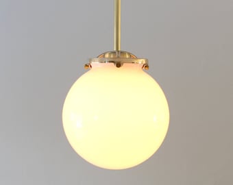 Brass Pendant Light, Mid Century Modern Hanging Pendant Lighting Fixture, Single Frosted White 6" Glass Globe, Industrial Kitchen Lights