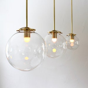 Bubble Pendant Light, 8" Clear Glass Globe Shade, Brass Finish, Single Mid Century Modern Hanging Pendant Lighting Fixture