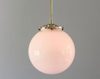 Brass Pendant Lighting Fixture, 8" White Glass Globe Shade, Mid Century Modern Ceiling Mounted Lamp, Kitchen Island Dining Table Pendants