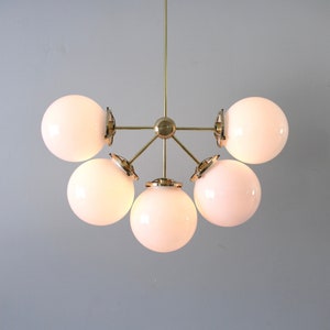Globe Chandelier, Handmade Mid Century Modern Brass Sputnik Ceiling Mount Pendant Lighting Fixture, 5 White Glass Globes
