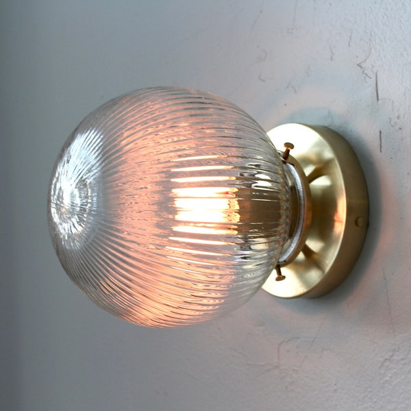 Wall Sconce Lamp, Brass Flush Mount Light, Ribbed Clear 6" Glass Bubble Globe Shade, Modern Industrial Lighting Fixture, Wire In or Plug In