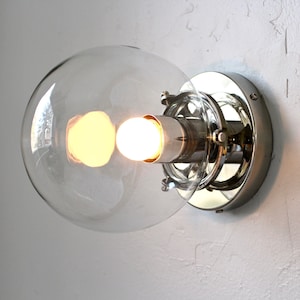 Wall Sconce Lamp, Polished Nickel Flush Mount Lighting Fixture, Clear 6&quot; Glass Bubble Globe Shade, Modern Sconce Light, Wire In or Plug In