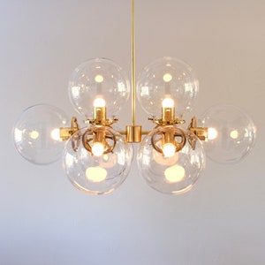 Modern Globe Chandelier, Kitchen Island Chandelier, Large Brass Chandelier, Eight 8&quot; Clear Glass Globes, Industrial Pendant Lighting Fixture