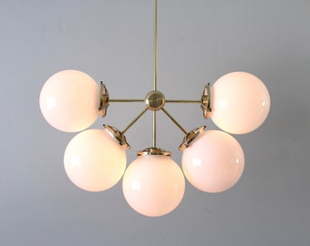 Globe Chandelier, Handmade Mid Century Modern Brass Sputnik Ceiling Mount Pendant Lighting Fixture, 5 White Glass Globes