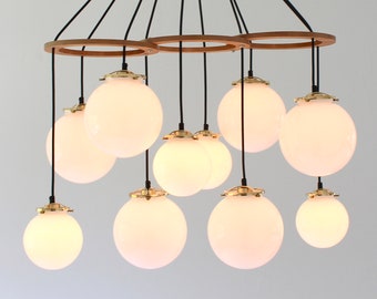 Globe Pendant Chandelier, Large Table Island Light, 10 Hanging Bubble Pendants, White Frosted Opal Glass Globe Shades, Ceiling Mount Fixture