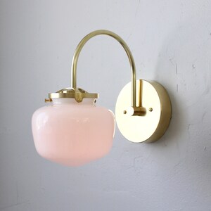 Schoolhouse Wall Sconce Lamp, Mid Century Modern Curved Arm Brass Wall Mounted Lighting Fixture, White Glass Globe Shade, Wire-In or Plug-In