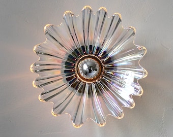 Iridescent Sconce Lamp, Flush Mount Wall or Ceiling Lighting Fixture, Upcycled Vintage Federal Glass 11" Bowl Lamp Shade