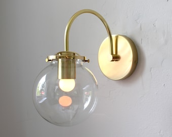 Wall Sconce Light, Mid Century Modern Brass Wall Mounted Lighting Fixture, Clear Glass Bubble Globe Lamp, Vanity Light, Free Shipping