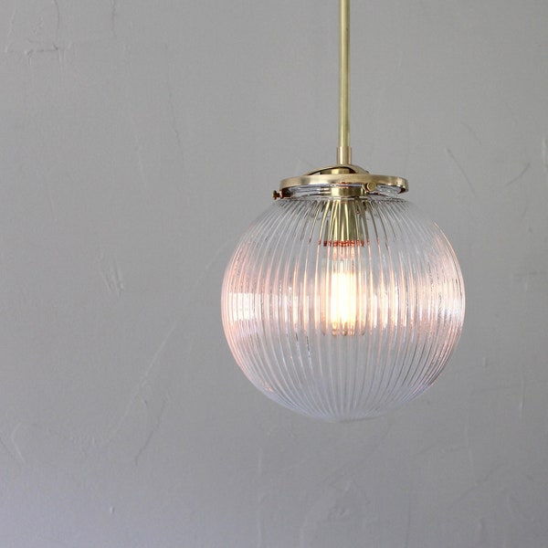 Brass Pendant Light, 8" Ribbed Glass Globe Shade, Mid Century Modern Ceiling Mounted Lighting Fixture, Kitchen Island Dining Table Pendants