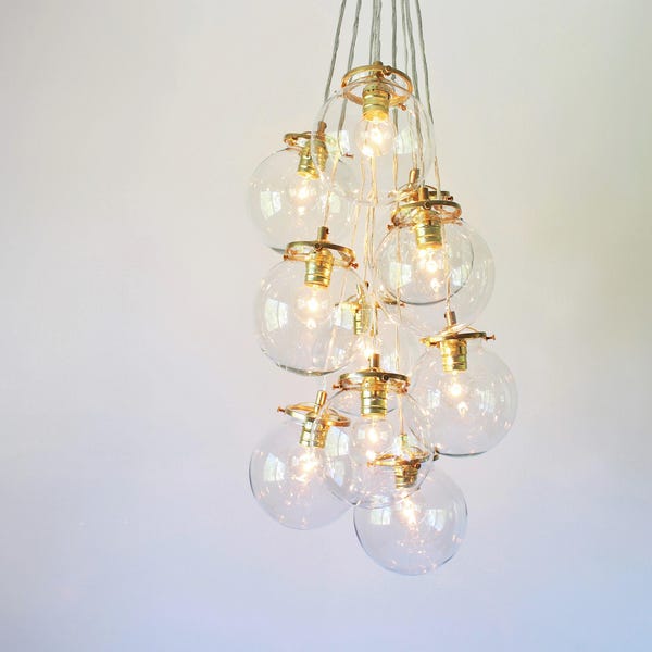 Globe Bubble Chandelier Lighting Fixture, 10 Hanging Clear Glass Orb Clustered Pendants, Modern BootsNGus Lighting & Home Decor