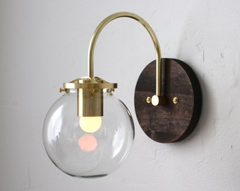 Curved Arm Wall Sconce Lamp, Brass & Wood Sconce Light, Clear Glass Bubble Globe, Mid Century Modern Lighting Fixture, Wire-In Or Plug-In