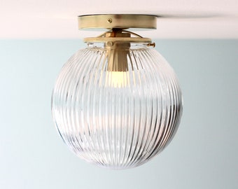 Flush Mount Ceiling Lighting Fixture, Brass Flush Mount Lamp, 8" Clear Ribbed Glass Globe Shade, Mid Century Modern Home Lighting and Decor