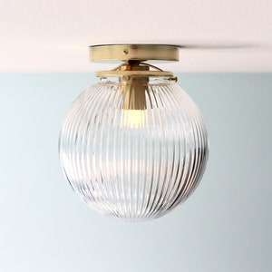 Flush Mount Ceiling Lighting Fixture, Brass Flush Mount Lamp, 8" Clear Ribbed Glass Globe Shade, Mid Century Modern Home Lighting and Decor