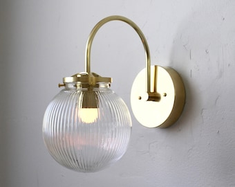 Wall Sconce Lamp, Mid Century Modern Brass Wall Mounted Lighting Fixture, Clear Ribbed Glass Bubble Globe Lamp, Vanity Light, Free Shipping