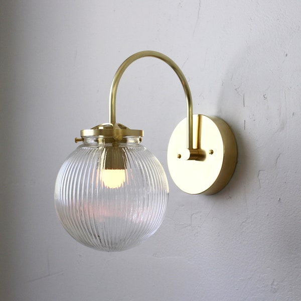 Wall Sconce Lamp, Mid Century Modern Brass Wall Mounted Lighting Fixture, Clear Ribbed Glass Bubble Globe Lamp, Vanity Light, Free Shipping