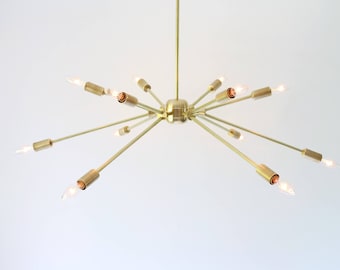 Sputnik Chandelier, Large Starburst Pendant Lighting Fixture, 12 arms, Modern Brass Geometric Chandelier, Bulbs Included, Free Shipping