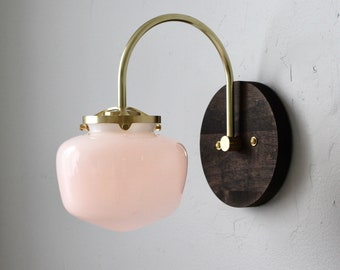 Schoolhouse Wall Sconce Lamp, Wooden Base, Curved Brass Arm, White School House Globe Shade, Wire-In or Plug-In, Modern Vanity Lighting