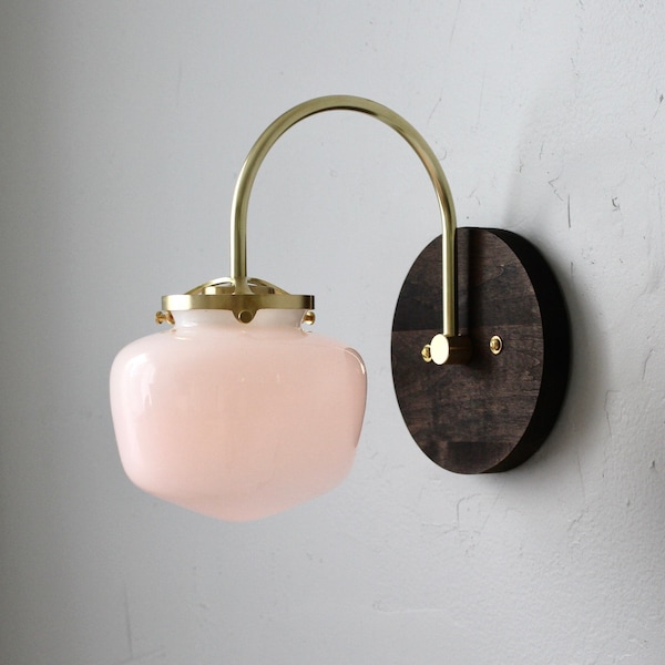 Schoolhouse Wall Sconce Lamp, Wooden Base, Curved Brass Arm, White School House Globe Shade, Wire-In or Plug-In, Modern Vanity Lighting