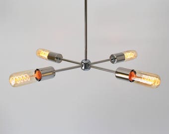 Sputnik Chandelier, Chrome Hanging Pendant Lamp, Modern 4 Arm Sputnik Chandelier, Industrial Lighting Fixture by BootsNGus