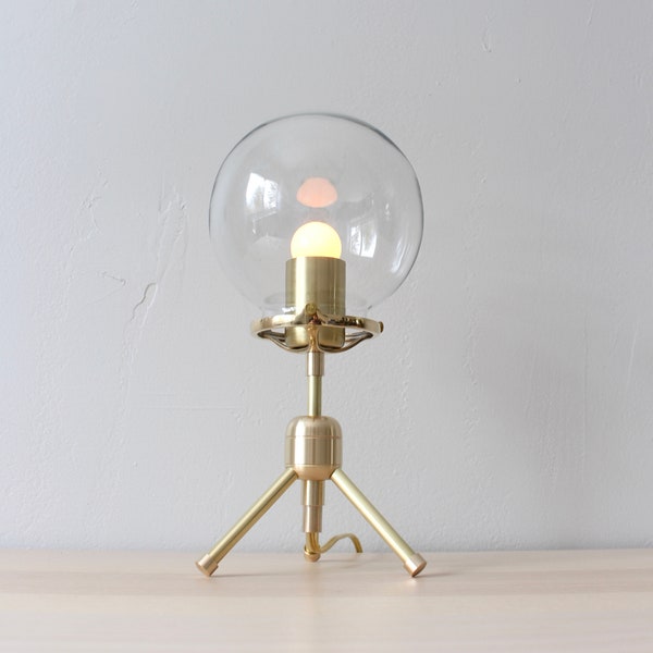Tripod Bubble Table Lamp, Brass Desk Lamp, Clear Glass Globe Shade, Industrial Lighting Fixture, Minimalist Bedroom Living Room Lights